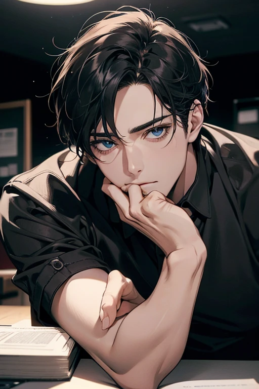 (Best Quality,4k,8k,high resolution,Masterpiece:1.2),ultra detailed,(realist,photorealist,photo-realist:1.37),1 man,31 years,mature man,very handsome,without expresion,muscled body,short gray black hair,Blue eyes,glare,perfect face without mistakes,imposing posture,businessman,office background,cinematic lighting,imagen HDR