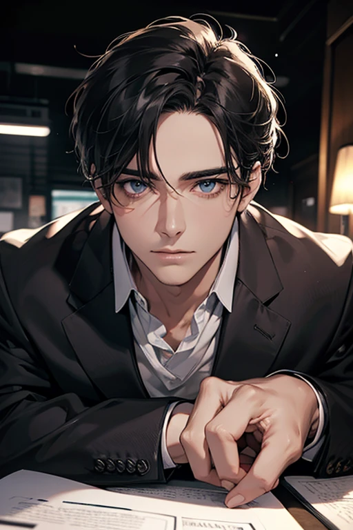 (Best Quality,4k,8k,high resolution,Masterpiece:1.2),ultra detailed,(realist,photorealist,photo-realist:1.37),1 man,31 years,mature man,very handsome,without expresion,muscled body,short gray black hair,Blue eyes,glare,perfect face without mistakes,imposing posture,businessman,office background,cinematic lighting,imagen HDR