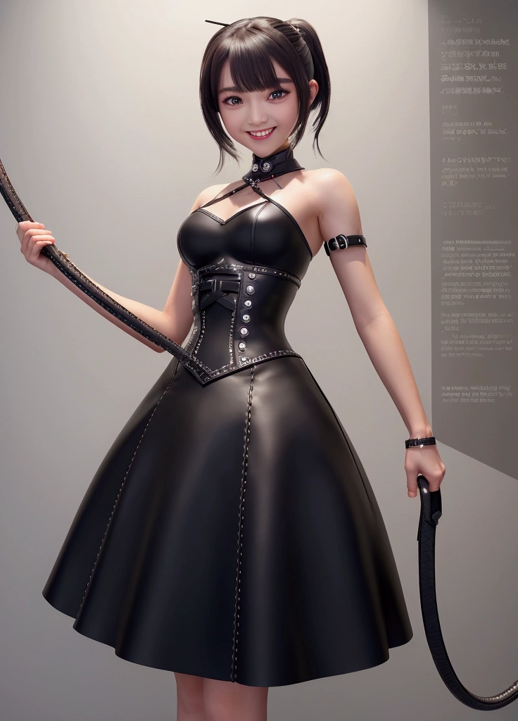 (((Pixel Perfect,Perfect in every detail))), Girl shows off her whip,A girl around 15 years old,smile,,NSWF,lovely, Leather whip,holding a whip in your hand!!!,cinematic,saliva, kawaii!!