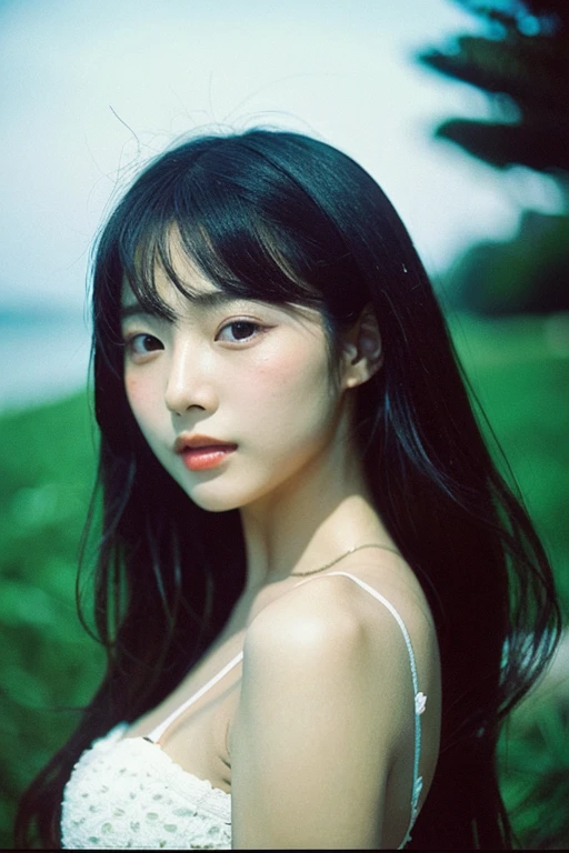 Photo of a Beautiful Korean kpop idol Woman, Summer, Lustful, film grain, Ilford HP5, 80mm