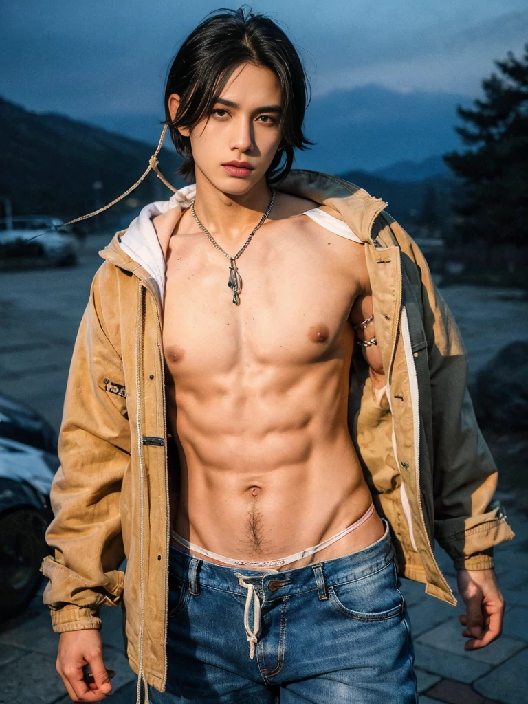 Best quality, masterpiece, ultra high res, (photorealistic:1.5), raw photo, in the dark, deep shadow, low key, cold light, man face, 1 man, 1man, man, Jaws firm, thin eyebrows, thin lips, Eye shape like a snake's eye, realistic, Male shoulders, Muscular, mullet hairstyle, broad shoulders, black hair, tan skin, angry face, cool face, bad boy vibe, (((wearing hoodie jeans jacket, pectoral , no inner wear, micro string thong))), smirk face, masculine, look cool, cool face, mainly face, Night city background, sharp eye, tan skin, Look like a Filipino boy, brown eye, looks 19 years old, 19 years old, real, Handsome. , full length shot(fls) , hips , thighs , sexy , eroticism , NSFW