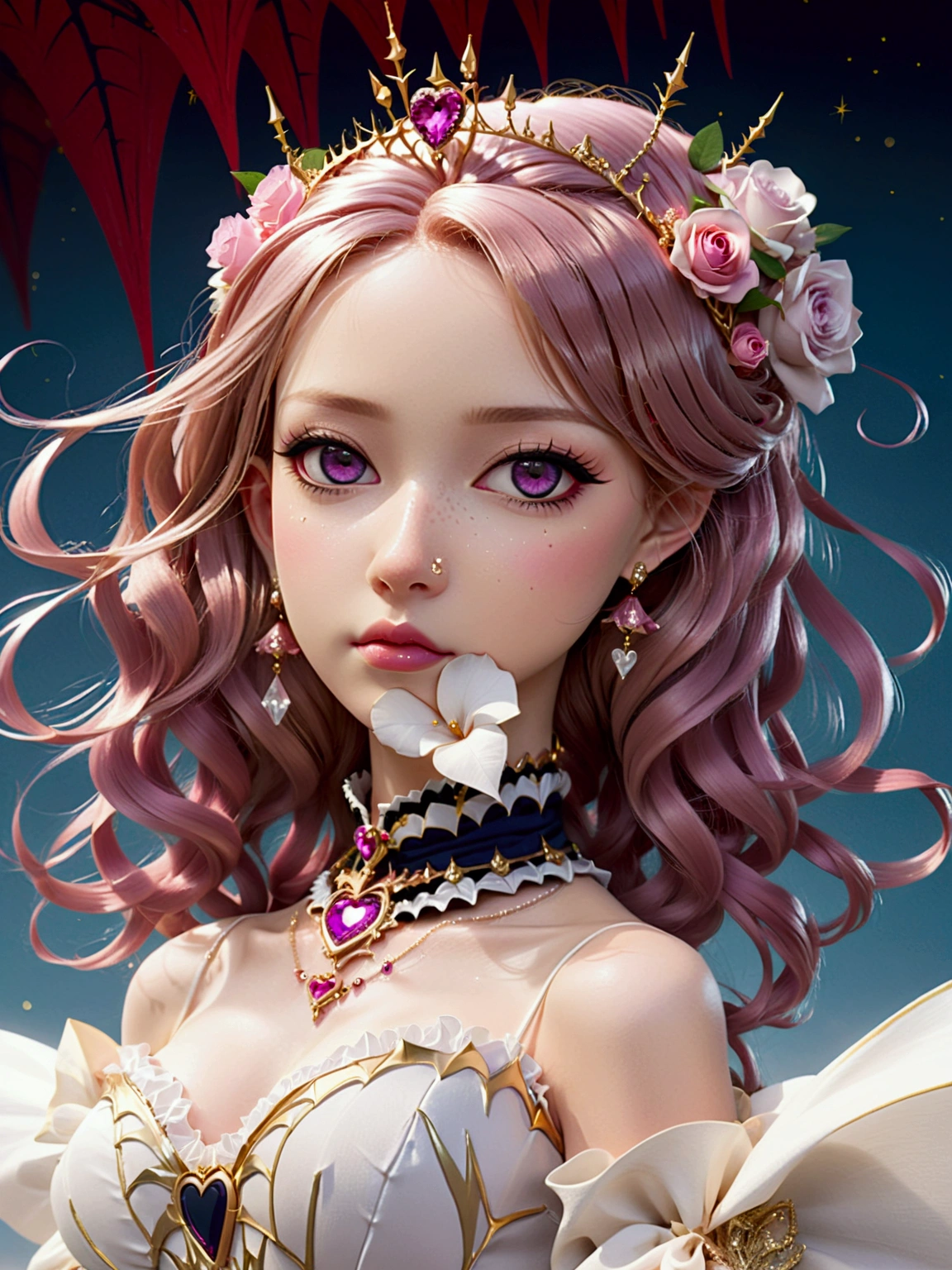 Create a realistic Caucasian woman with deep magenta eyes, an upturned button nose, and heart-shaped lips with upturned corners. She has long, wavy pink hair styled in an elegant updo. She is slender with small breasts. She wears a regal, ethereal dress with elegant and fantasy elements, featuring a gold, pastel pink, and rose gold color scheme. The dress has intricate spider web patterns and motifs.