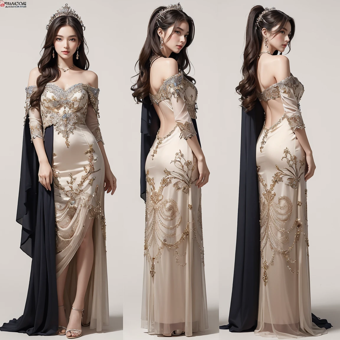 (masterpiece, highest quality:1.5), ultra detailed, high resolution, 16k, the most beautiful face in the world, highly detailed beautiful face and eyes, shiny skin, fine cloth texture, perfect anatomy, BREAK, (the incarnation of beauty:1.3), (goddess of beauty:1.3), (gorgeous and stunning princess:1.3), perfect make-up, deeply in love, full of elegance. (full body:1.5), (three view drawing, front and back and side:1.3)