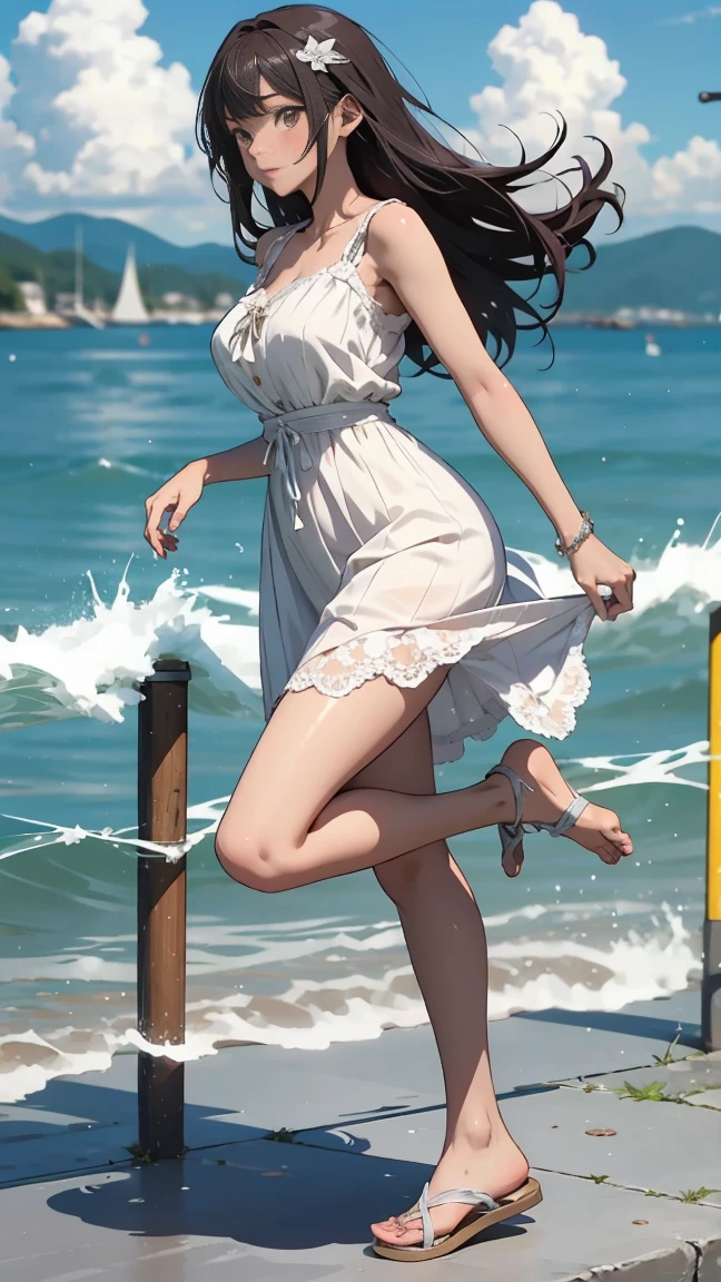 Top quality. Anime style, young woman in white lace dress, long hair, seaside background, running, bare feet. Holding sandals behind her back