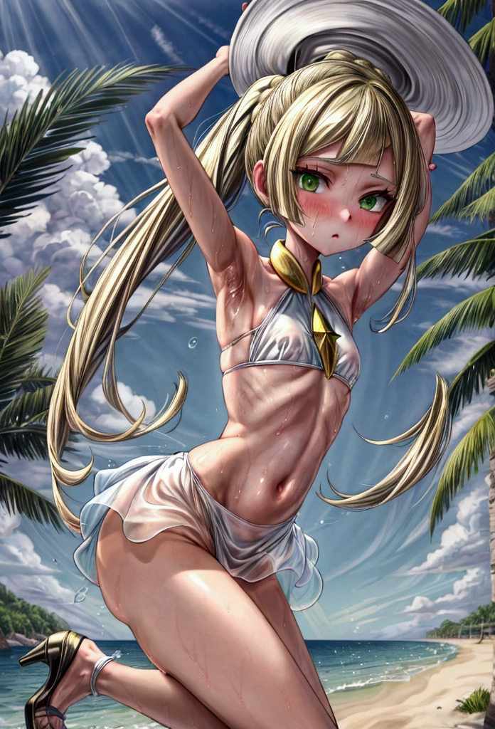 ((best quality)), (((highly detailed)), masterpiece, (detailed eyes, deep eyes), (1 girl), dynamic pose, upper body, Lusamine, blonde hair, very long hair, green eyes , medium breasts, (white dress), green gemstone, high heels, transparent clothing, beach, very sweaty, arms up, armpit, almost transparent bikini, two front ponytails, straight hair, lillie hair, lillie hat, small chest, small butt, small ass,