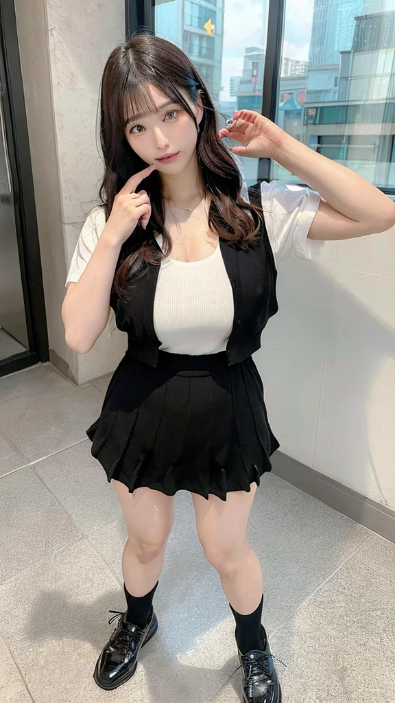 LAHO Beauty。Very sexy、Office lady with strong sexual desires。24-year-old office lady、The beauty of a suit、A cool beauty with big breasts that make her undershirt bulge、career woman、Japanese Beauty、The button on my chest is about to come off、ulzzang-6500-v1.1、(RAW Photos:1.2)、(Photorealistic)、(Genuine:1.4)、(Peace Fly)、A calm-looking woman wearing a checked vest、Large Bust Body Type。Mini skirt with exposed thighs、The legs are plump。(Ultra-realistic black Nike logo socks:Panty visible pose、There are stains on the panties:1.2)。Japanese Goddess、Wearing black high heels、Sexy gaze with black socks、((Full Body Shot:1.16))、Highlighted with knee-length socks featuring the Nike logo。Nike logo on socks。Wearing black high heels
