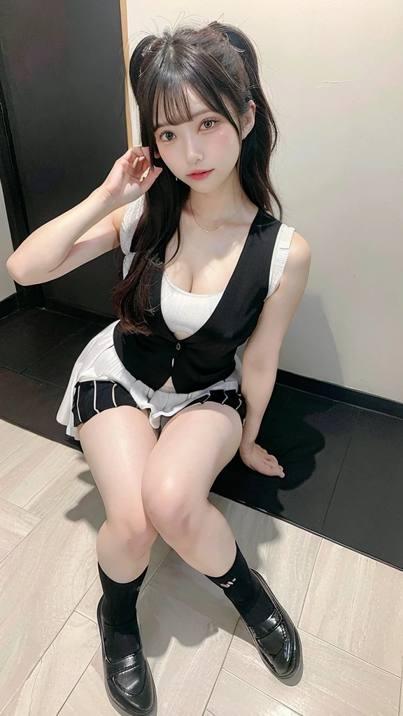 LAHO Beauty。Very sexy、Office lady with strong sexual desires。24-year-old office lady、The beauty of a suit、A cool beauty with big breasts that make her undershirt bulge、career woman、Japanese Beauty、The button on my chest is about to come off、ulzzang-6500-v1.1、(RAW Photos:1.2)、(Photorealistic)、(Genuine:1.4)、(Peace Fly)、A calm-looking woman wearing a checked vest、Large Bust Body Type。Mini skirt with exposed thighs、The legs are plump。(Ultra-realistic black Nike logo socks:Panty visible pose、There are stains on the panties:1.2)。Japanese Goddess、Wearing black high heels、Sexy gaze with black socks、((Full Body Shot:1.16))、Highlighted with knee-length socks featuring the Nike logo。Nike logo on socks。Wearing black high heels