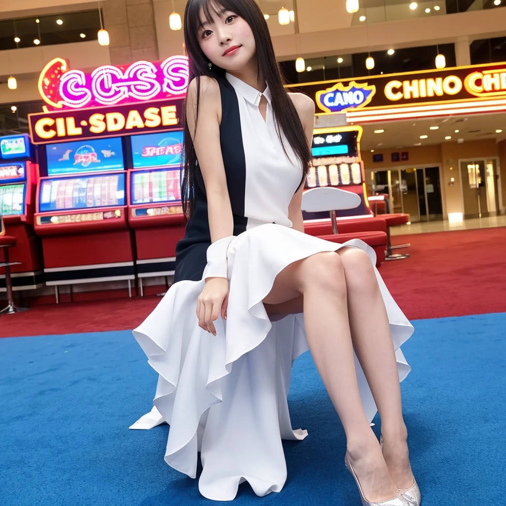 casino girl, dress, beautiful, full body, middle shot, japanese, 1girl