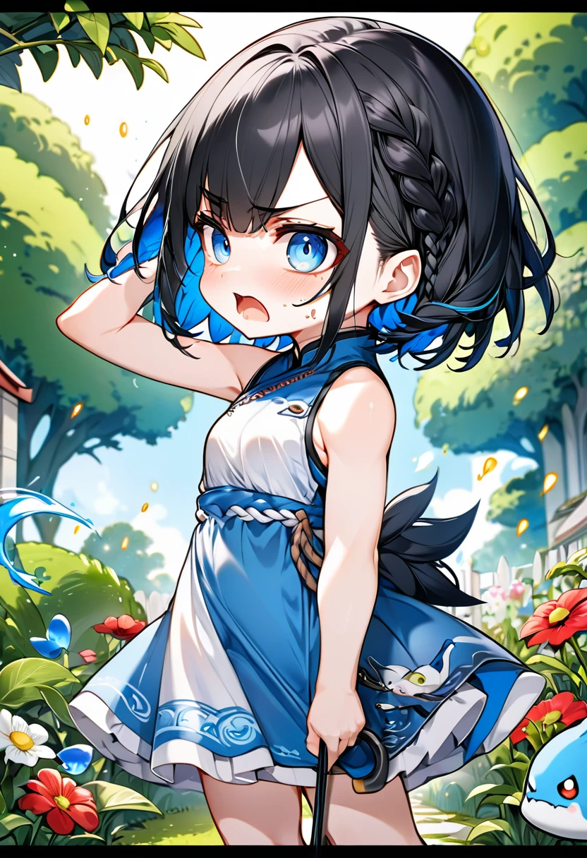 Highest quality、High resolution、Detailed Background、Beautiful face in every detail、Anatomically correct、Detailed facial expressions、fine grain、((From the side))、((One Girl))、Chibi Girl、 Black Hair、beautiful clear big blue eyes、Braided Bob、Sleeveless dress、garden、Very angry、One hand raised high, ready to hit the viewer