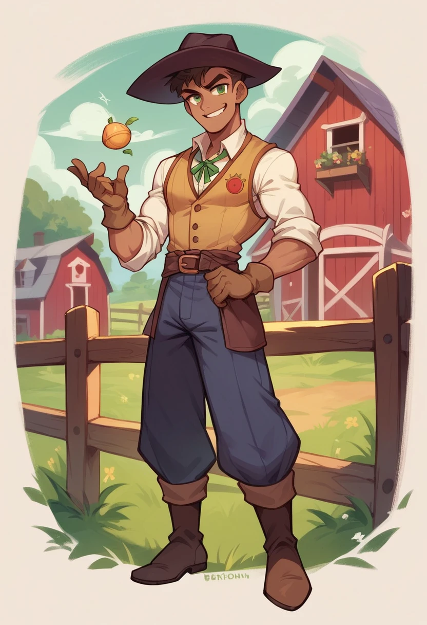 Human Male , Wizard , white Tied hair , Clear Skin ,waistCoat ,dark age Clothing ,smug face , Green pupils ,Smile , Farm Gloves ,solo ,Full body , Four colors