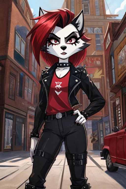 Art helluva boss,furry masculino,husky,black and white fur color,beauty,black and red hair color,clara dos olhos completamente vermelha,white pupils,normal facial expression,Dog Collar,punk jacket,red shirt,black military pants,military boots, suburban cartoon scenery.