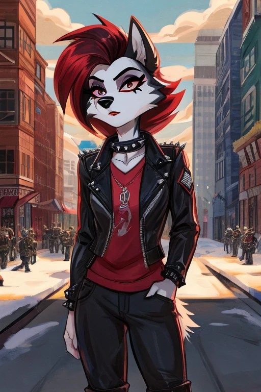 Art helluva boss,furry masculino,husky,black and white fur color,beauty,black and red hair color,clara dos olhos completamente vermelha,white pupils,normal facial expression,Dog Collar,punk jacket,red shirt,black military pants,military boots, suburban cartoon scenery.