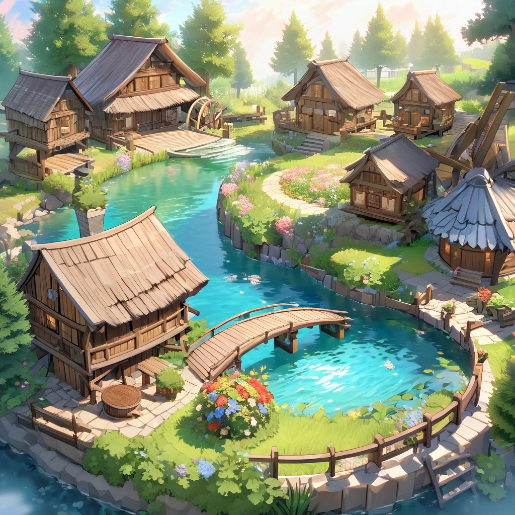 Beautiful diorama in 3D isometric view of a whimsical place with a round riverside straw hut with gracious lighted simple window, a big water wheel touching the water, wooden fenced in flourishing garden of flowers, a winding cascading lake flowing, and lush willow trees, the water wheel is sit next to the cabin's wooden door and connected to an arch wooden bridge over a small dam.brush strokes in the style of Guido Borelli Da Caluso painting,pastel-colored background,HDR,32k