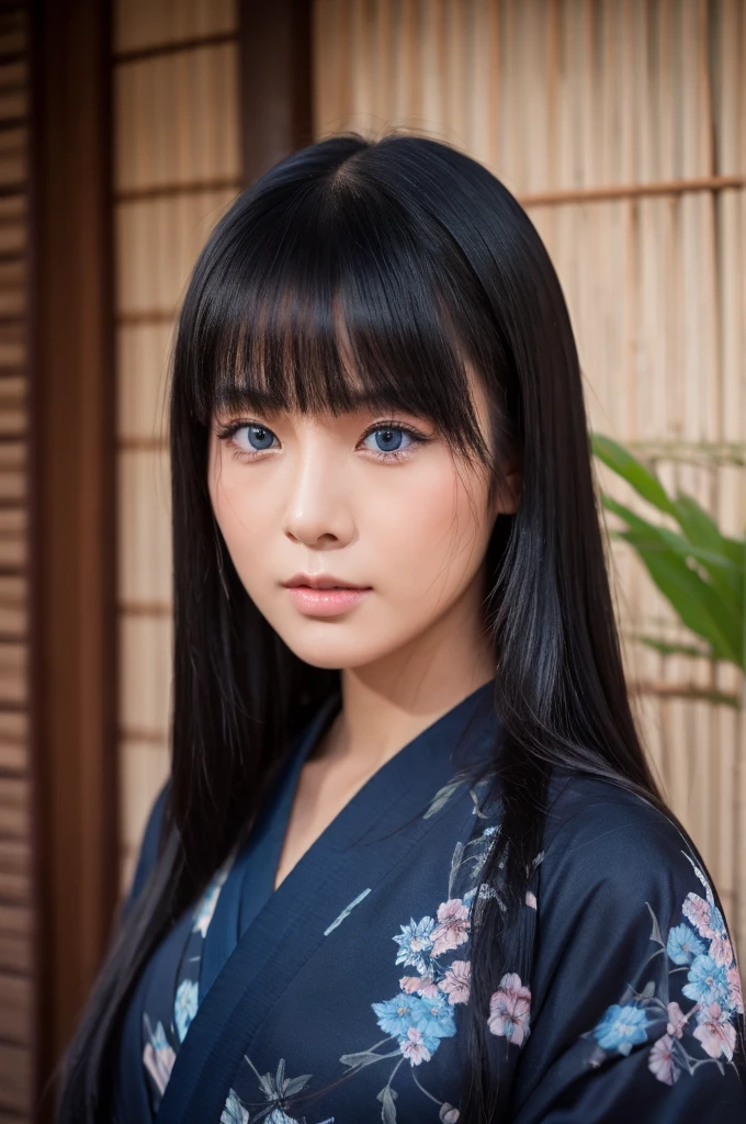 30-year-old woman,Long face,Black Hair,Asian,Long Hair,Long Bangs,Blue Eyes,Dark Skin,kimono,Tattoo