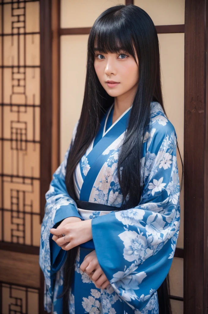 30-year-old woman,Long face,Black Hair,Asian,Long Hair,Long Bangs,Blue Eyes,Dark Skin,kimono,Tattoo