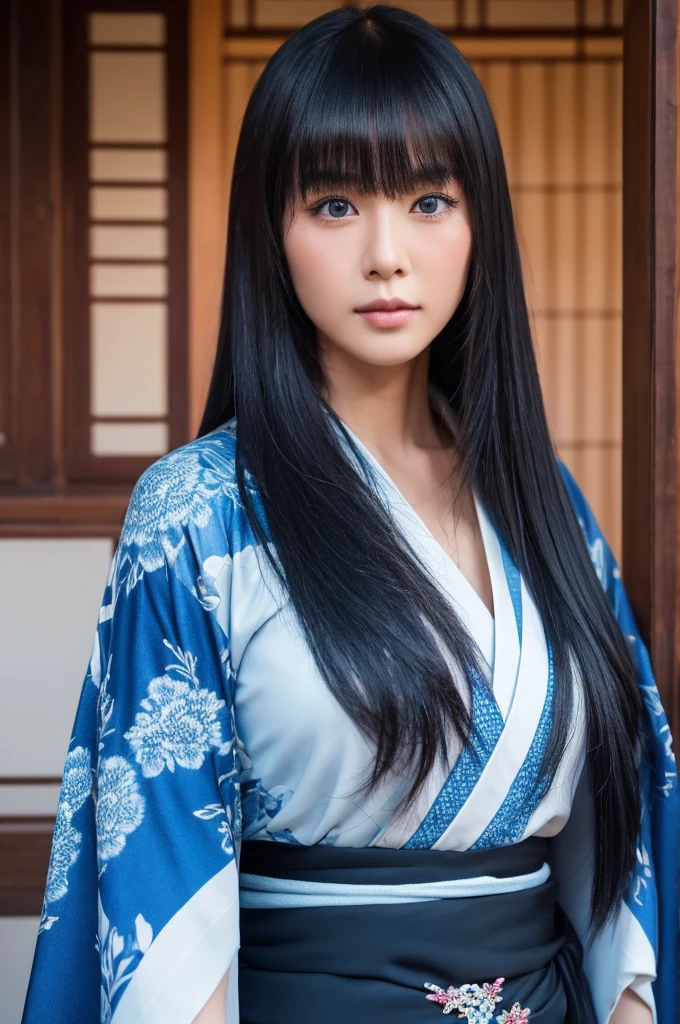 30-year-old woman,Long face,Black Hair,Asian,Long Hair,Long Bangs,Blue Eyes,Dark Skin,kimono,Tattoo