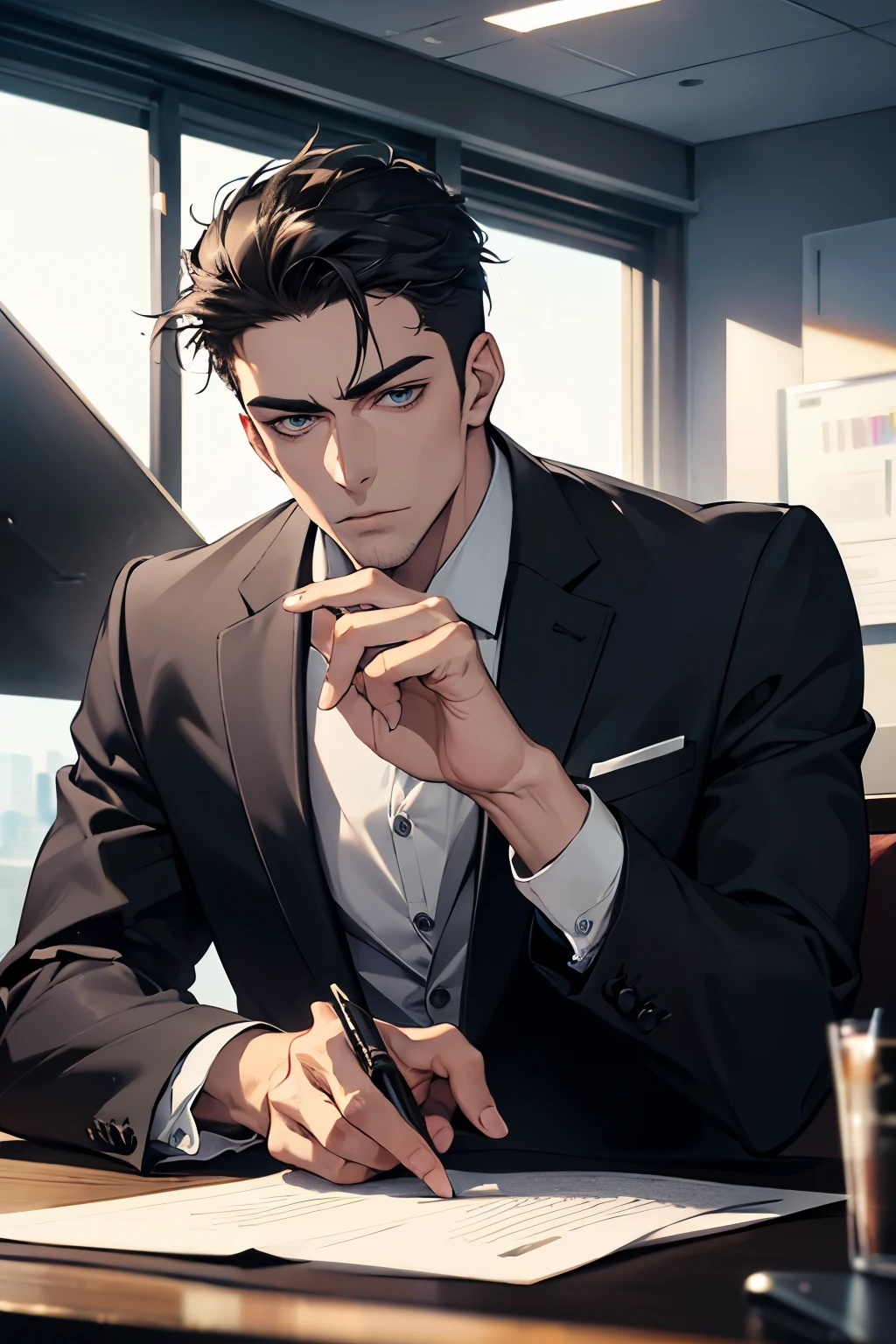(Best Quality,4k,8k,high resolution,Masterpiece:1.2),ultra detailed,(realist,photorealist,photo-realist:1.37),1 man,31 years,mature man,very handsome,without expresion,muscled body,short gray black hair,Blue eyes,glare,perfect face without mistakes,imposing posture,businessman,office background,cinematic lighting,imagen HDR