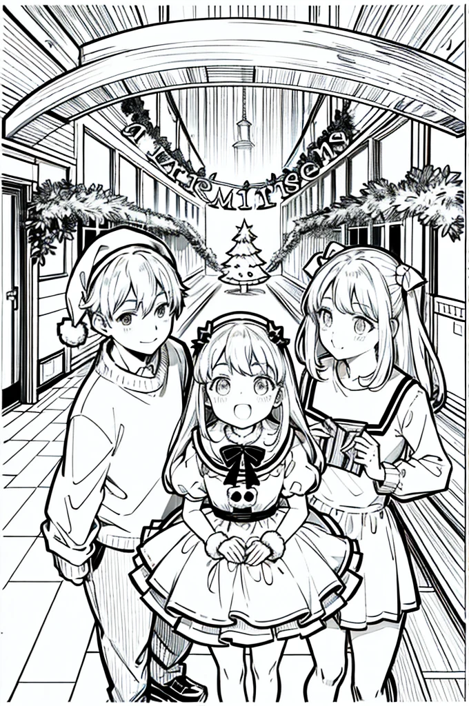 Christmas party, line art, no text, rule of thirds, harmony, fun, sketch, family fun