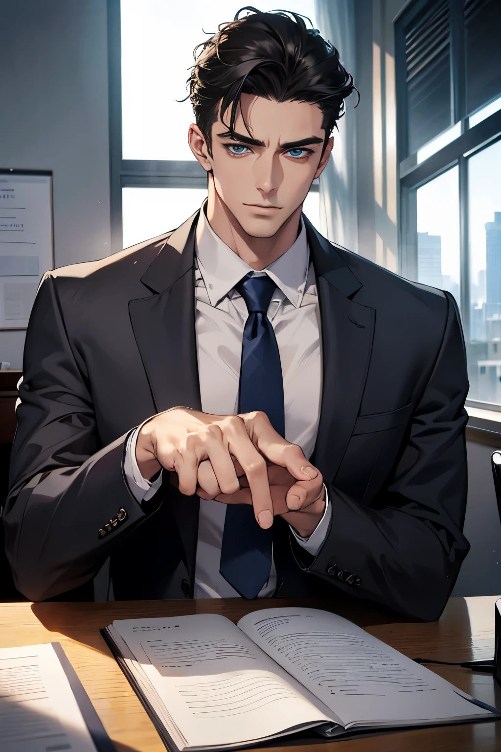 (Best Quality,4k,8k,high resolution,Masterpiece:1.2),ultra detailed,(realist,photorealist,photo-realist:1.37),1 man,31 years,mature man,very handsome,without expresion,muscled body,short gray black hair,Blue eyes,glare,perfect face without mistakes,imposing posture,businessman,office background,cinematic lighting,imagen HDR