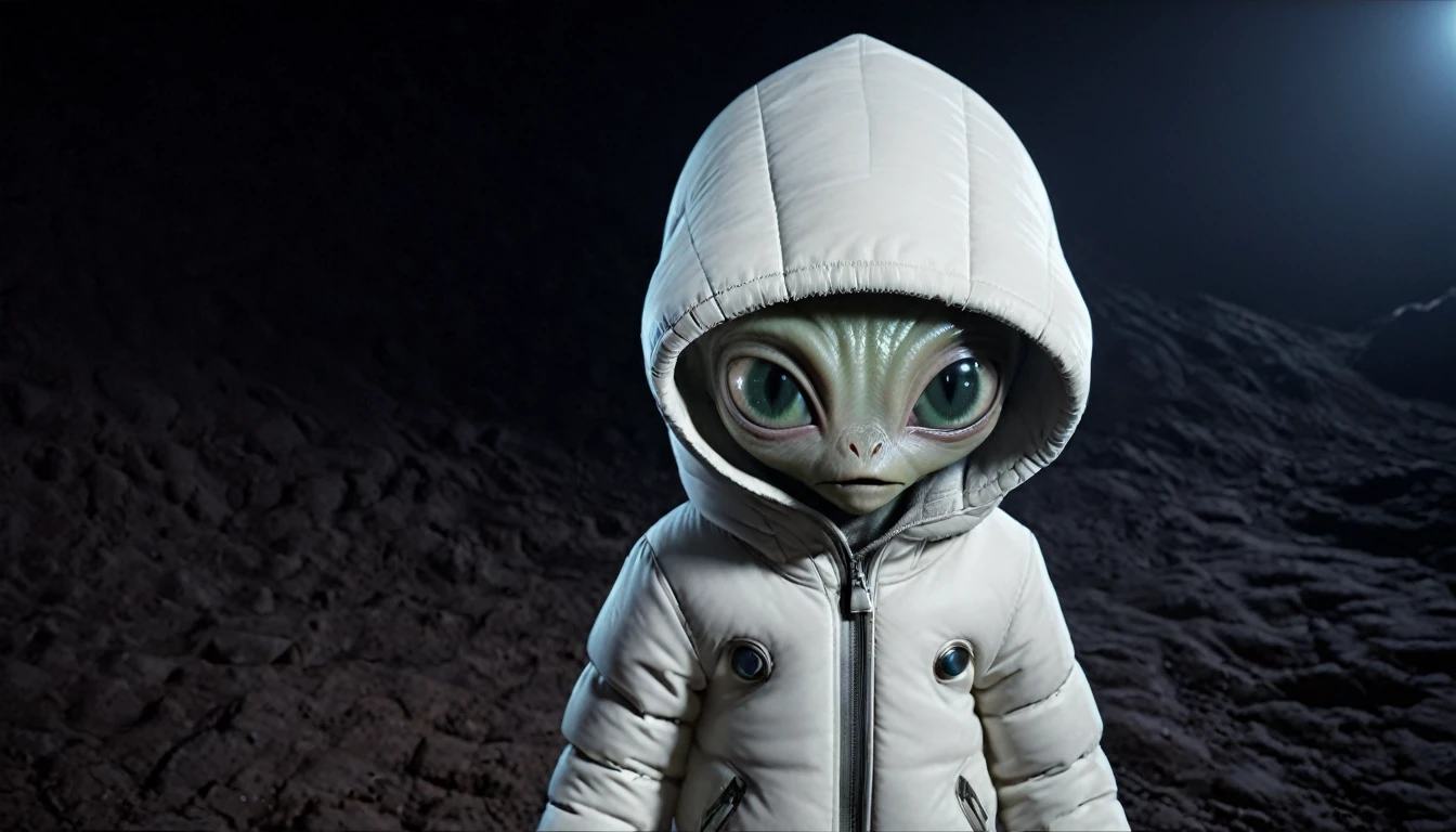 An image of an alien, a small, white, and creature with a big head and large eyes. It is wearing a winter white hooded jacket, which adds to its unique appearance. The alien's head is positioned in the center of the image, and it appears to be looking directly at the viewer. The overall impression is that of a cute and friendly creature, possibly from a distant planet or a fictional world. subsurface scattering, Photorealistic, Hyperrealistic, analog style, realistic, film photography, soft lighting, heavy shadow