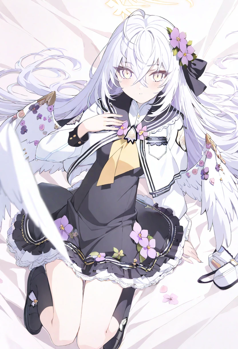 azusa \(blue archive\), 1girl ahoge bed_sheet black_ribbon black_sailor_collar black_socks blush cropped_jacket crossed_bangs dress flower frilled_dress frills from_above full_body hair_flower hair_ornament hair_ribbon halo hand_on_own_chest jacket long_hair long_sleeves looking_at_viewer lying neckerchief on_back ribbon sailor_collar shoes socks unworn_shoes white_jacket white_wings wings yellow_neckerchief