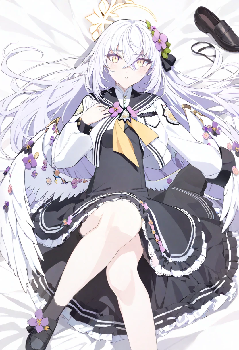   azusa \(blue archive\),  1girl ahoge bed_sheet black_ribbon black_sailor_collar black_socks blush cropped_jacket crossed_bangs dress flower frilled_dress frills from_above full_body hair_flower hair_ornament hair_ribbon halo hand_on_own_chest jacket long_hair long_sleeves looking_at_viewer lying neckerchief on_back ribbon sailor_collar shoes socks unworn_shoes white_jacket white_wings wings yellow_neckerchief
