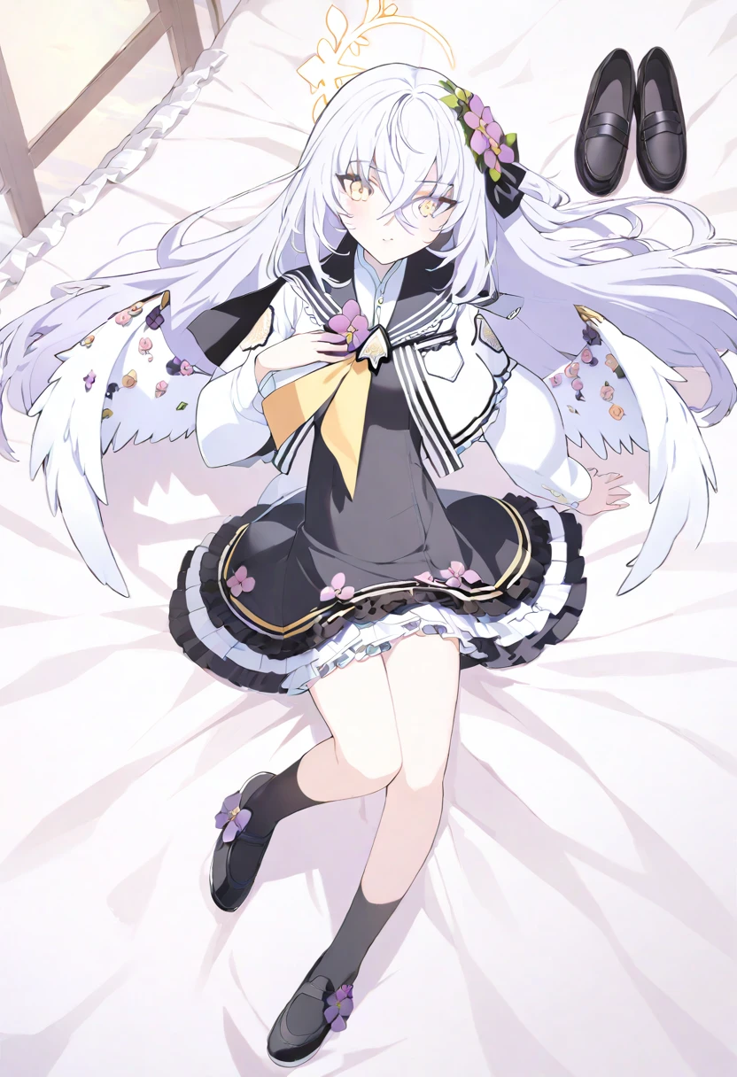azusa \(blue archive\), 1girl ahoge bed_sheet black_ribbon black_sailor_collar black_socks blush cropped_jacket crossed_bangs dress flower frilled_dress frills from_above full_body hair_flower hair_ornament hair_ribbon halo hand_on_own_chest jacket long_hair long_sleeves looking_at_viewer lying neckerchief on_back ribbon sailor_collar shoes socks unworn_shoes white_jacket white_wings wings yellow_neckerchief