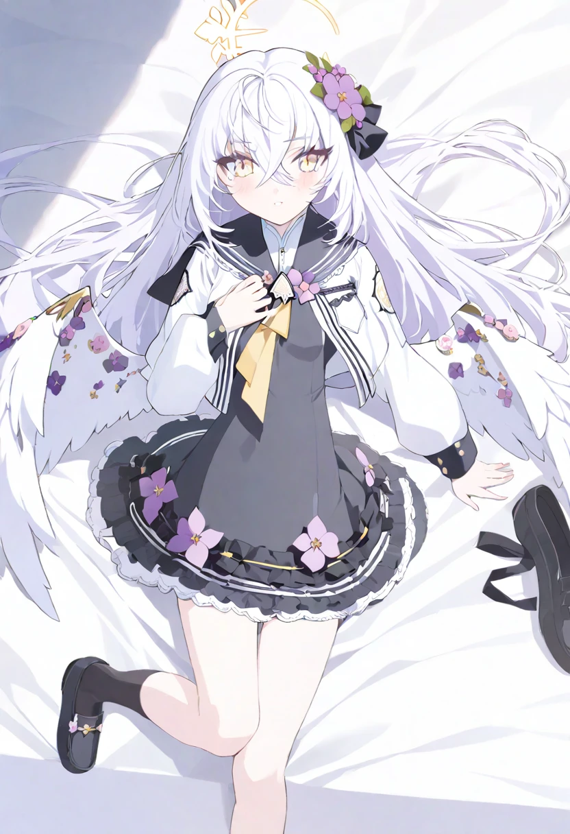 azusa \(blue archive\), 1girl ahoge bed_sheet black_ribbon black_sailor_collar black_socks blush cropped_jacket crossed_bangs dress flower frilled_dress frills from_above full_body hair_flower hair_ornament hair_ribbon halo hand_on_own_chest jacket long_hair long_sleeves looking_at_viewer lying neckerchief on_back ribbon sailor_collar shoes socks unworn_shoes white_jacket white_wings wings yellow_neckerchief