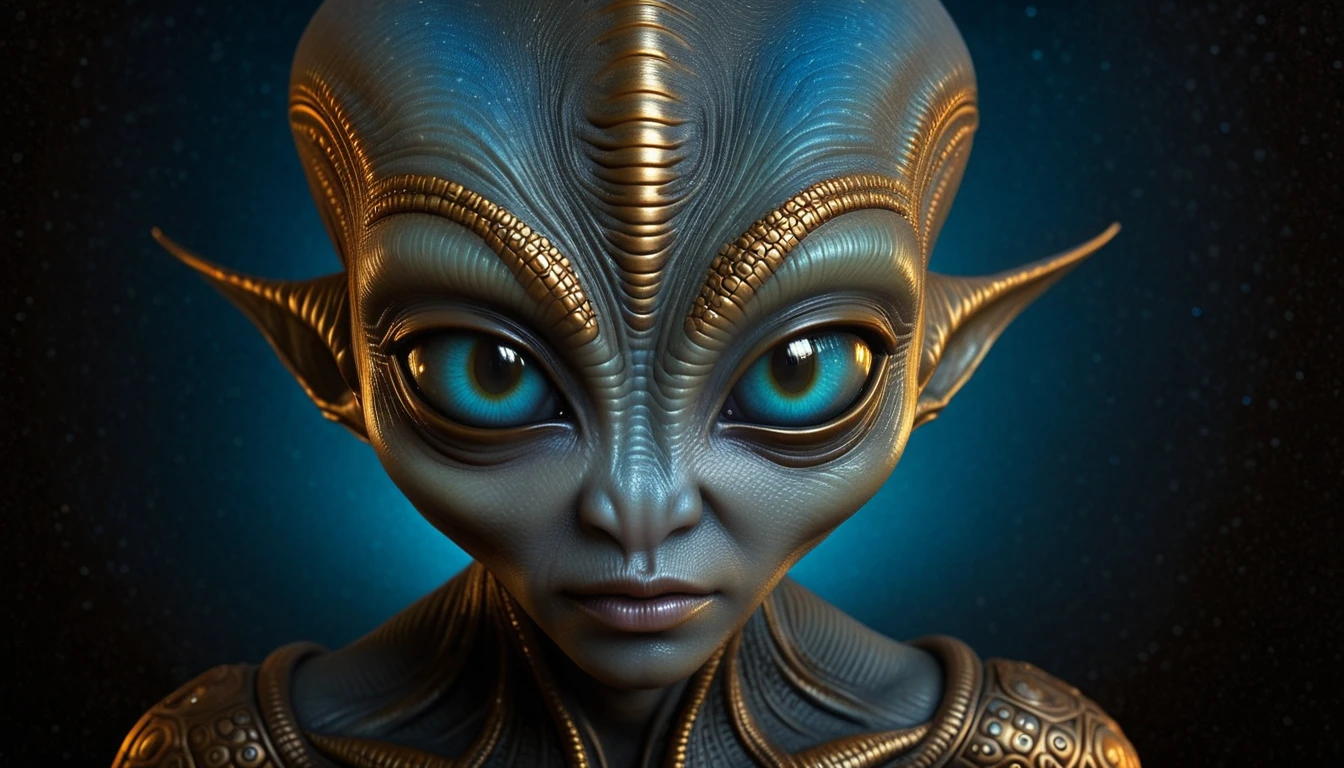 2d art of alien, in the style of textured illustrations, dark gray and bronze, online sculpture, naoto hattori, jeremy lipking, dark sky-blue and orange, intense close-ups  subsurface scattering, Photorealistic, Hyperrealistic, analog style, realistic, film photography, soft lighting, heavy shadow