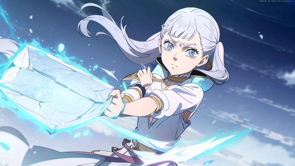anime styling, Noelle Silva Black Clover, water handling, elements of magic, facing at viewer.