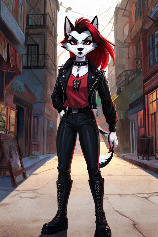 Art helluva boss,furry masculino,husky,black and white fur color,beauty,black and red hair color,clara dos olhos completamente vermelha,white pupils,normal facial expression,Dog Collar,punk jacket,red shirt,black military pants,military boots, suburban cartoon scenery.