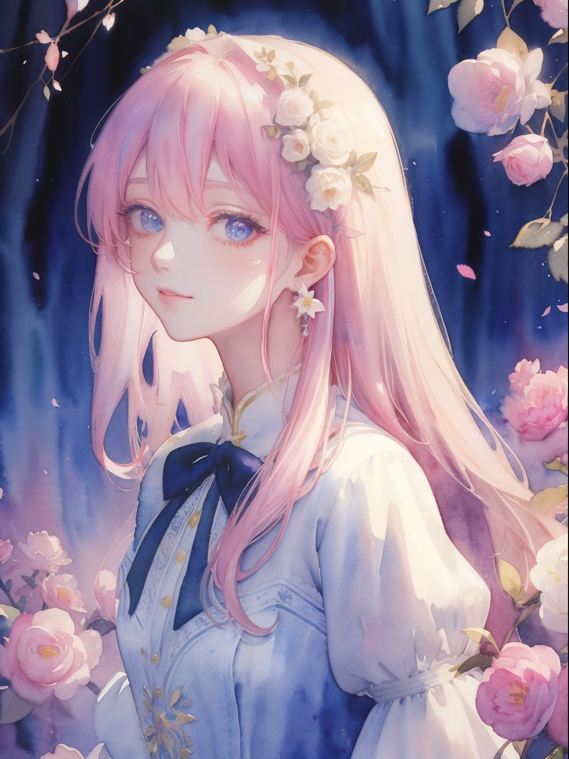 masterpiece: 1.6, Highest quality、(Watercolor:1.5)、(Hand-drawn:1.3)、(Watercolor brush bristles)、solo、Upper body、Show me your back、Cover your mouth with your hand、sketch、Paper Texture、Ultra-high resolution、Highly detailed face、Highly detailed eyes、Flat Color、High Contrast、Realistic、Best lighting、goddess、elegant、おprincess様、princesature Woman、 Lilia, A girl with long pink hair, Blue eyes, a white dress with black lace, a big pink ribbon on her chest, a white flower hair ornament around her right ear、Smile a little、Blanche:1.5、(Tangleた、And Mandalas、Tangle、Intertwined:1)、Background Flowers、Lots of flowers