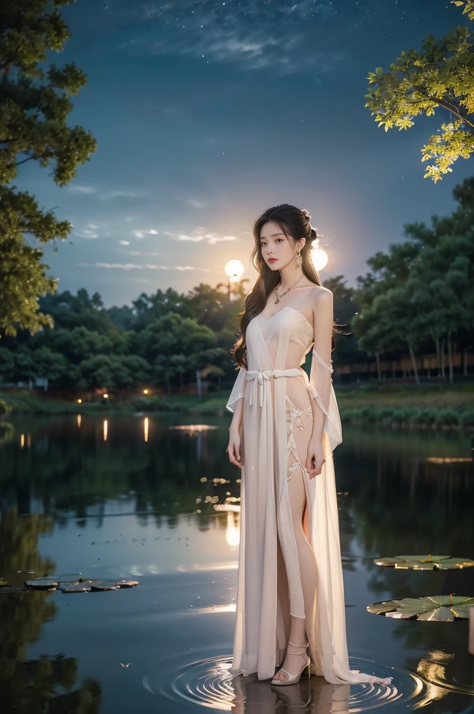 (((best quality))),(((ultra detailed))),(((masterpiece))),illustration,((1 beautiful young girl,solo)),((slim,thin)),(shoulder length straight hair:1.2),((earrings,necklace)),((small breasts,flat chest)),(see through traditional pink sheer Hanfu dress:1.3),((slender legs,bare legs,loafers)),(beside the lotus pond full of lotus flowers:1.3), serene moonlight, ethereal,floral pattern, water movement, billowing fabric, tranquil,petals, fireflies, magical, light,warm light, dreams, invitation, (standing:1.3),(arms behind back:1.3),gazing, reflection, inner thoughts, emotional, sweet scent, natural beauty, solitude, hypnotic lull, eternal summer,(night scene:1.3), natural world, human spirit, celebration, backdrop, water, glow,((from front,full body))