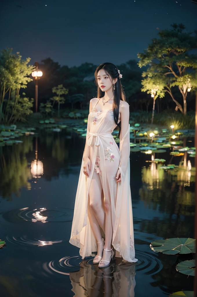 (((best quality))),(((ultra detailed))),(((masterpiece))),illustration,((1 beautiful young  girl,solo)),((slim,thin)),(shoulder length straight hair:1.2),((earrings,necklace)),((small breasts,flat chest)),(see through traditional pink sheer Hanfu dress:1.3),((slender legs,bare legs,loafers)),(beside the lotus pond full of lotus flowers:1.3), serene moonlight, ethereal,floral pattern, water movement, billowing fabric, tranquil,petals, fireflies, magical, light,warm light, dreams, invitation, (standing:1.3),(arms behind back:1.3),gazing, reflection, inner thoughts, emotional, sweet scent, natural beauty, solitude, hypnotic lull, eternal summer,(night scene:1.3), natural world, human spirit, celebration, backdrop, water, glow,((from front,full body))