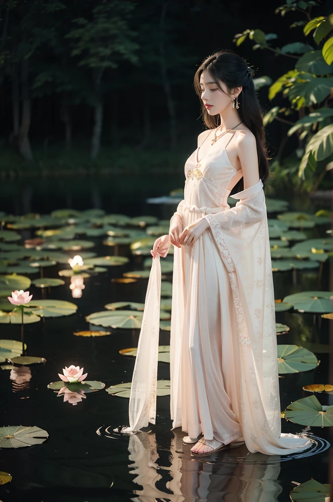 (((best quality))),(((ultra detailed))),(((masterpiece))),illustration,((1 beautiful young girl,solo)),((slim,thin)),(shoulder length straight hair:1.2),((earrings,necklace)),((small breasts,flat chest)),(see through traditional pink sheer Hanfu dress:1.3),((slender legs,bare legs,loafers)),(beside the lotus pond full of lotus flowers:1.3), serene moonlight, ethereal,floral pattern, water movement, billowing fabric, tranquil,petals, fireflies, magical, light,warm light, dreams, invitation, (standing:1.3),(arms behind back:1.3),gazing, reflection, inner thoughts, emotional, sweet scent, natural beauty, solitude, hypnotic lull, eternal summer,(night scene:1.3), natural world, human spirit, celebration, backdrop, water, glow,((from front,full body))