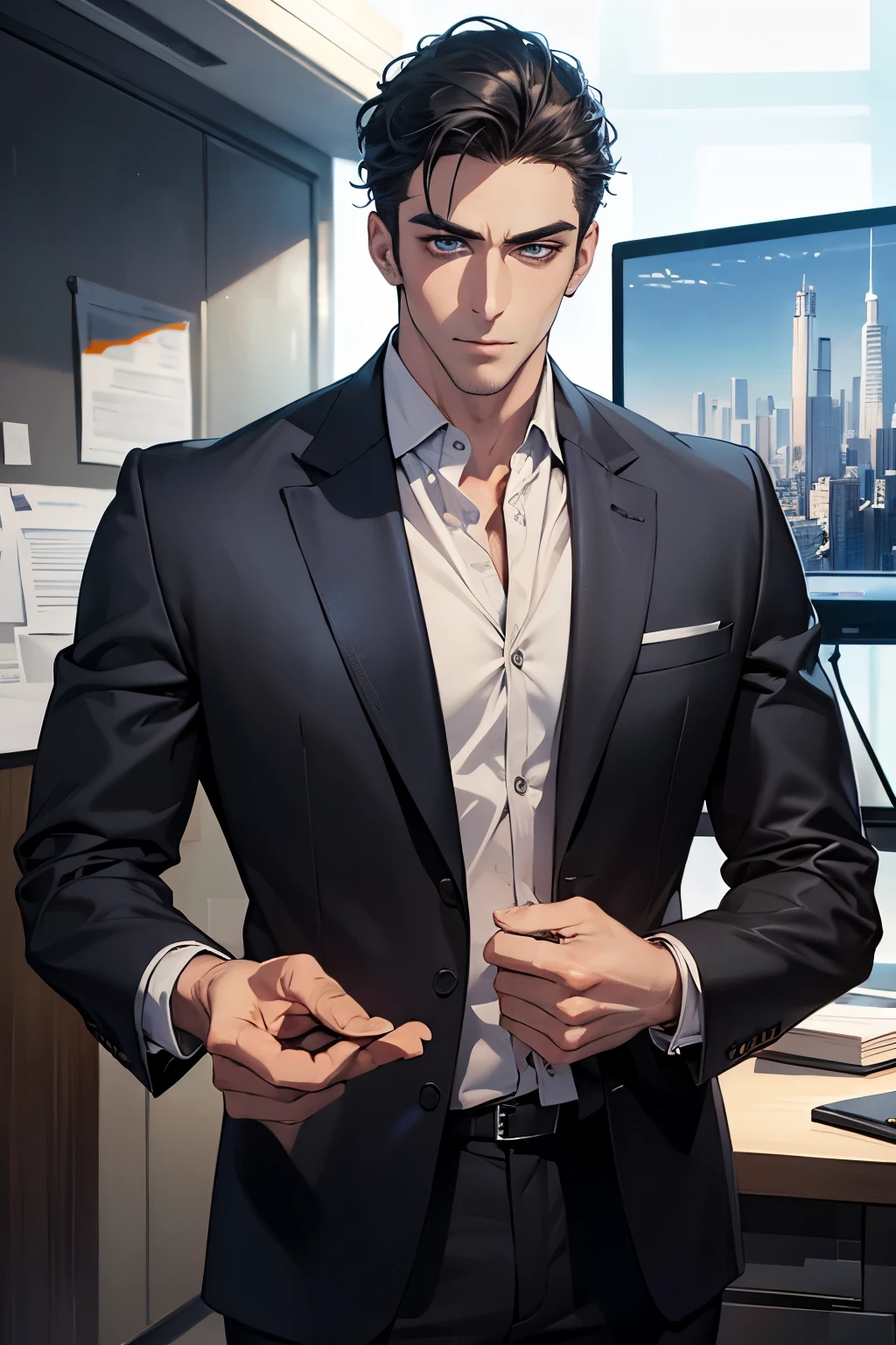 (Best Quality,4k,8k,high resolution,Masterpiece:1.2),ultra detailed,(realist,photorealist,photo-realist:1.37),1 man,31 years,mature man,very handsome,without expresion,muscled body,short gray black hair,Blue eyes,glare,perfect face without mistakes,imposing posture,businessman,office background,cinematic lighting,imagen HDR