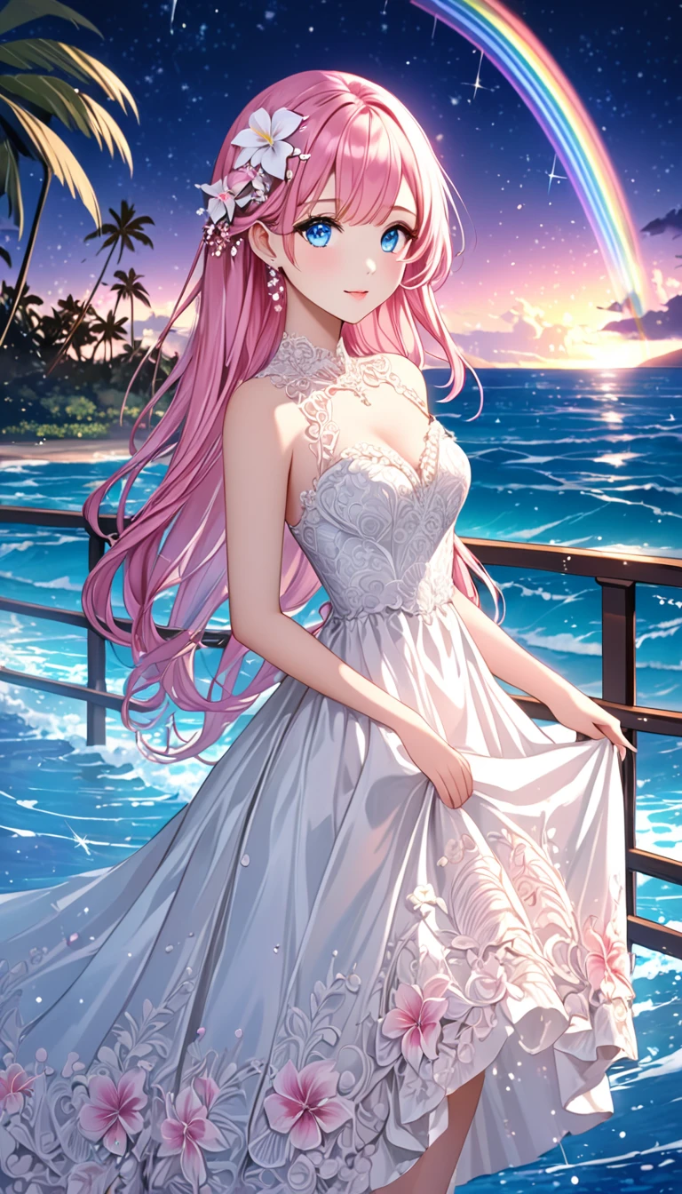 (masterpiece, Very detailed, Exquisite, beautiful, Full HD, High resolution, absurdes), Lilia, A girl with long pink hair, Blue eyes, a white dress with black lace, a big pink ribbon on her chest, a white flower hair ornament around her right ear. For a luxurious and elegant look、Intricate designs and patterns are required。.。.background , The image is、Light reflected on the surface of the water、There is an illuminated bridge ahead.、Must describe a romantic Hawaiian beach at night.。, Enhances sparkle and rainbow effects across the image. make you look good、Add some special frills to your dress to make it stand out.