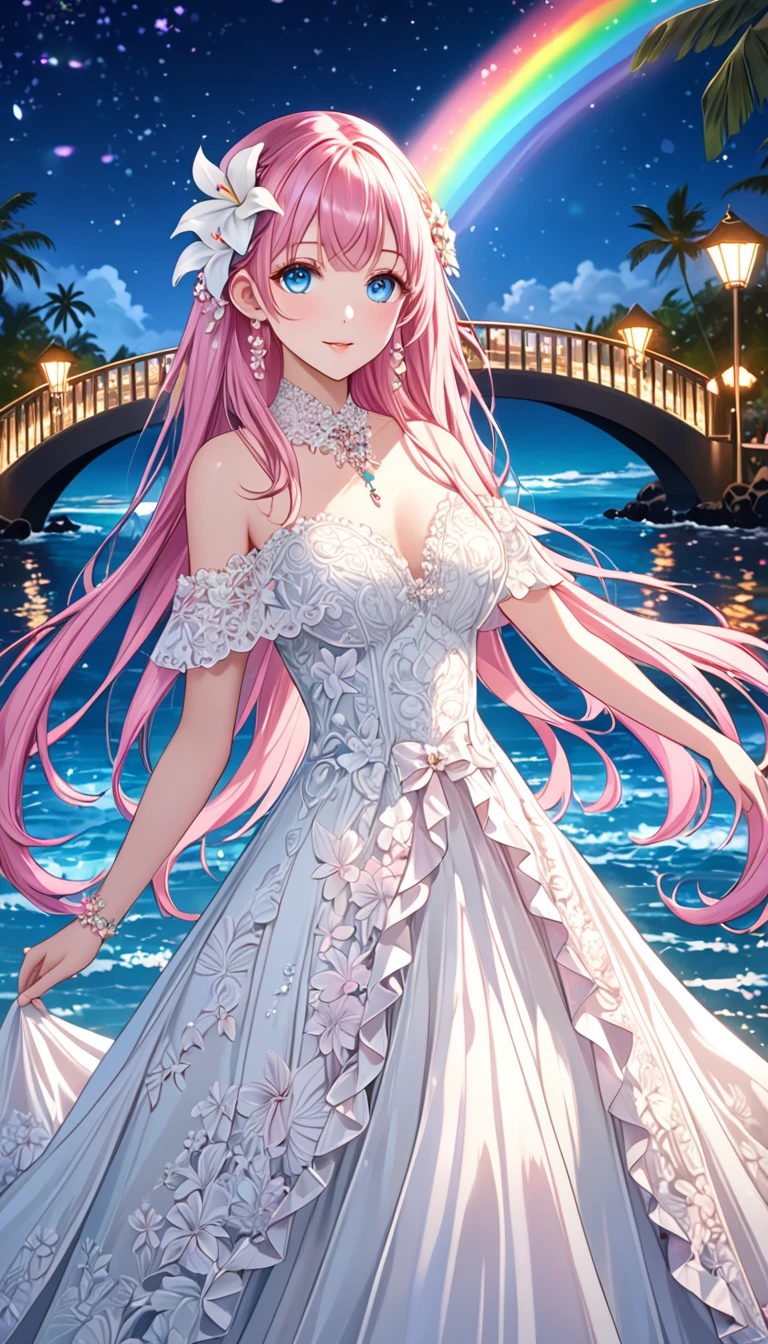 (masterpiece, Very detailed, Exquisite, beautiful, Full HD, High resolution, absurdes), Lilia, A girl with long pink hair, Blue eyes, a white dress with black lace, a big pink ribbon on her chest, a white flower hair ornament around her right ear. For a luxurious and elegant look、Intricate designs and patterns are required。.。.background , The image is、Light reflected on the surface of the water、There is an illuminated bridge ahead.、Must describe a romantic Hawaiian beach at night.。, Enhances sparkle and rainbow effects across the image. make you look good、Add some special frills to your dress to make it stand out.