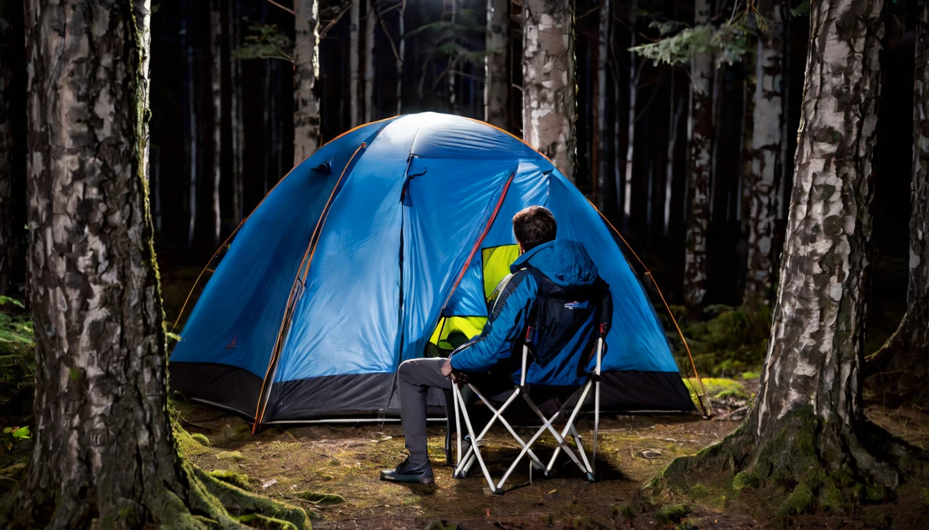 Camping tent between the trees in the forest, man in a blue jacket sitting on the chair, in the right corner of the screen, with his back to the camera, dark night, tense environment