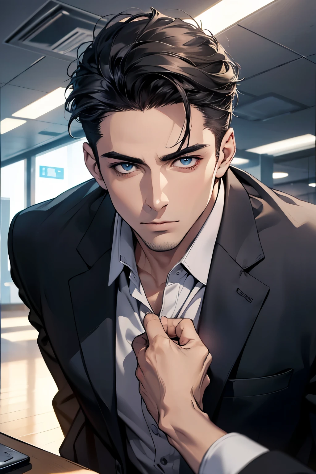 (Best Quality,4k,8k,high resolution,Masterpiece:1.2),ultra detailed,(realist,photorealist,photo-realist:1.37),1 man,31 years,mature man,very handsome,without expresion,muscled body,short gray black hair,Blue eyes,glare,perfect face without mistakes,imposing posture,businessman,office background,cinematic lighting,imagen HDR