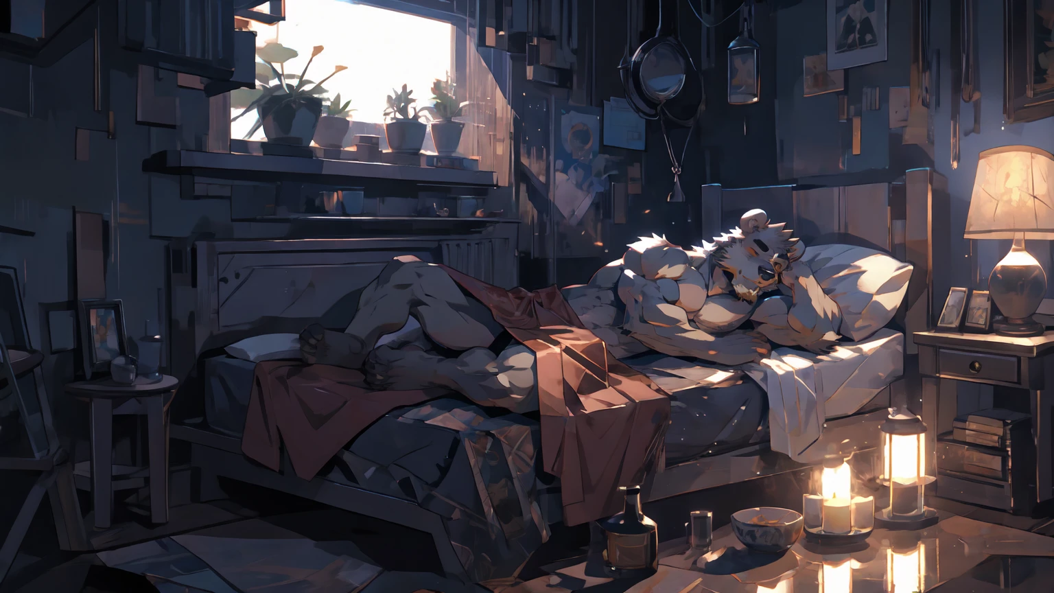 (masterpiece:1.2), best quality,pixiv,official art,perfect anatomy, (Ray tracing, light),solo, (1_male:1.3) , (muscle), (grey fur:1.4), (muscle bear), (beard:1.2), (gleaming golden eyes), bear tail, Thick black eyebrows, (clothesless :1.2), underwear, barefoot , big window, moonlight, night view, indoor, sleeping on a big bed, cover blanket, close eyes