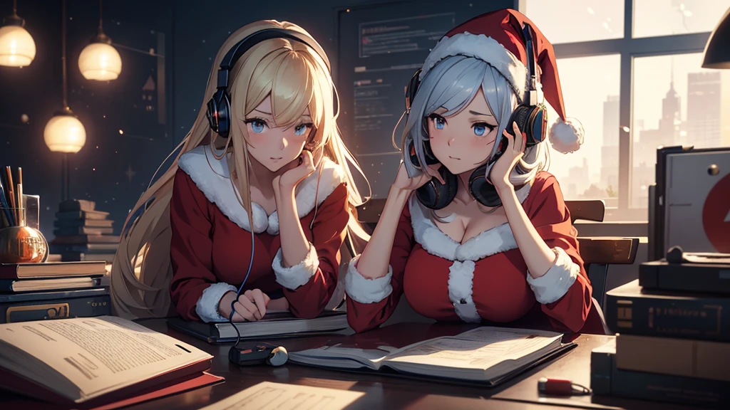 arafed woman in santa outfit sitting at a desk with a book and headphones, anime style 4 k, Christmas night, realistic artstyle, background artwork, trending on cgstation, fanart best artstation, artgerm and atey ghailan, artwork in the style of guweiz, 8k high quality detailed art, anime art wallpaper 4 k