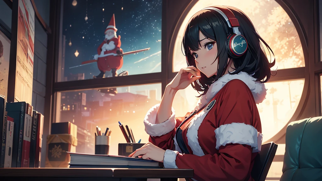 arafed woman in santa outfit sitting at a desk with a book and headphones, anime style 4 k, Christmas night, realistic artstyle, background artwork, trending on cgstation, fanart best artstation, artgerm and atey ghailan, artwork in the style of guweiz, 8k high quality detailed art, anime art wallpaper 4 k
