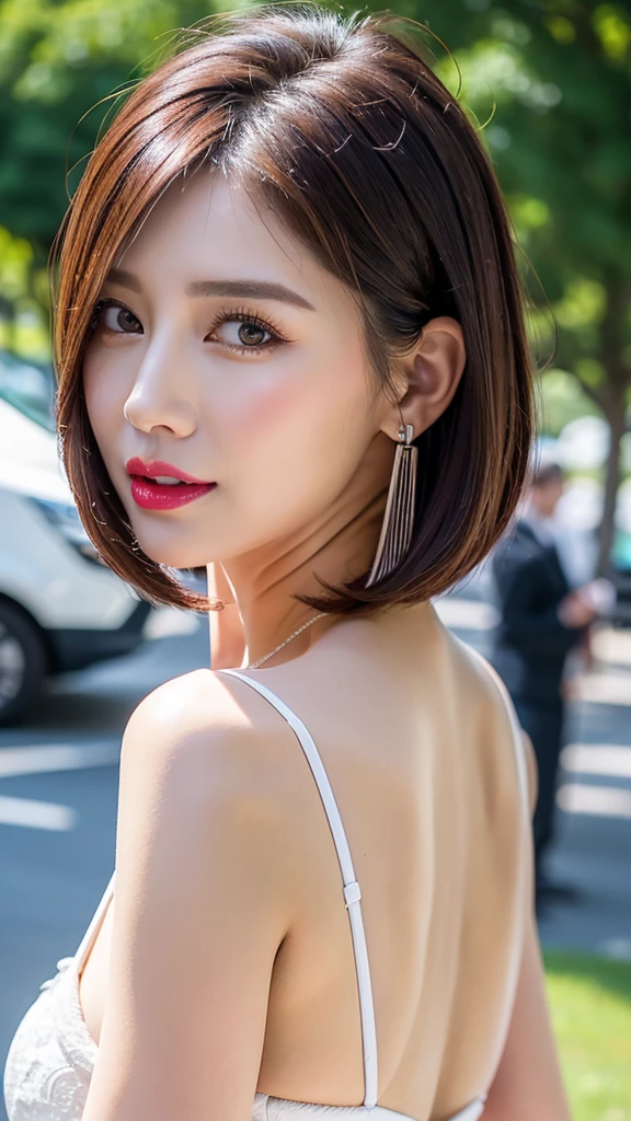 Highest quality, Face Focus, Soft Light, Ultra-high resolution, (Realistic:1.4), Mom Korean. 37 years old)). Slim Abs:1.2.. Makeup face. Red lipstick. (((Short brown hair))). ((I rode it a lot)). Show me your ears. In front of the camera. Ear texture. Ear hole details. Realistic. Close-up shot of an ear. From the thigh up. Shot from behind.Show me your ears. In front of the camera. Ear texture. Ear hole details. Realistic. Close-up shot of an ear. At close range. Shot from behind. (Shooting in the city),(White lace underwear),(Upper Body)、Geometrically correct,