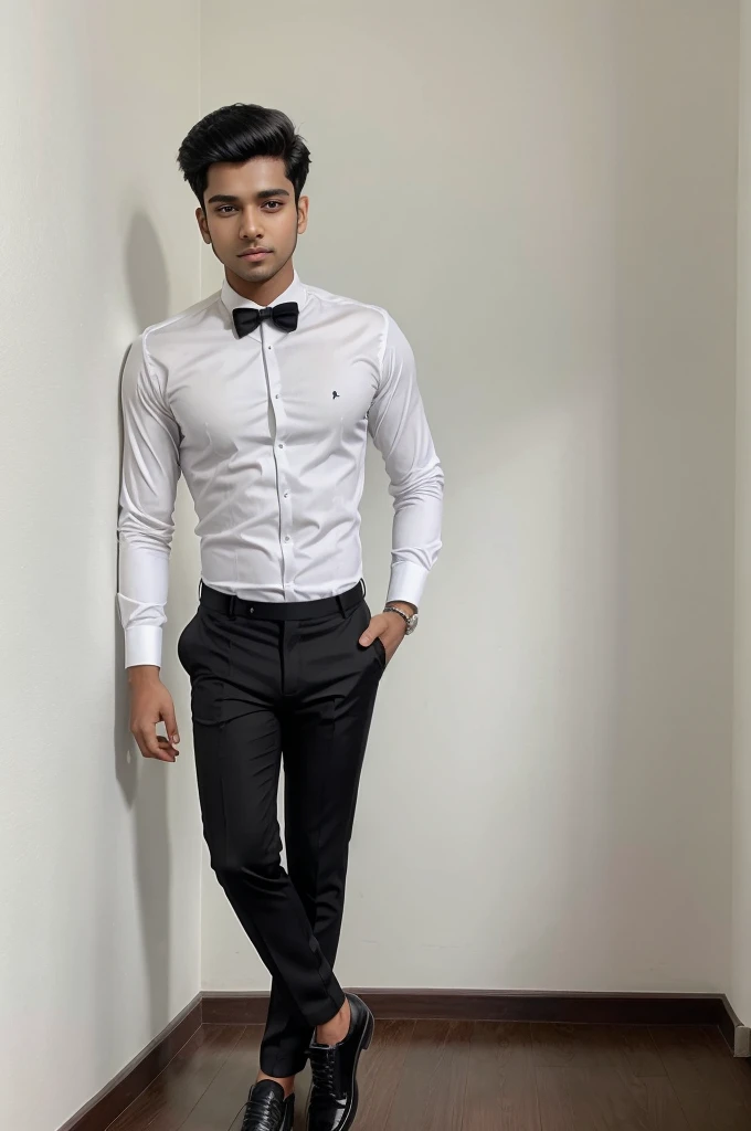 A young handsome boy wearing white shirt, black pant, black tie, and black shoes,The name "Shivam" should be written on the wall behind it.