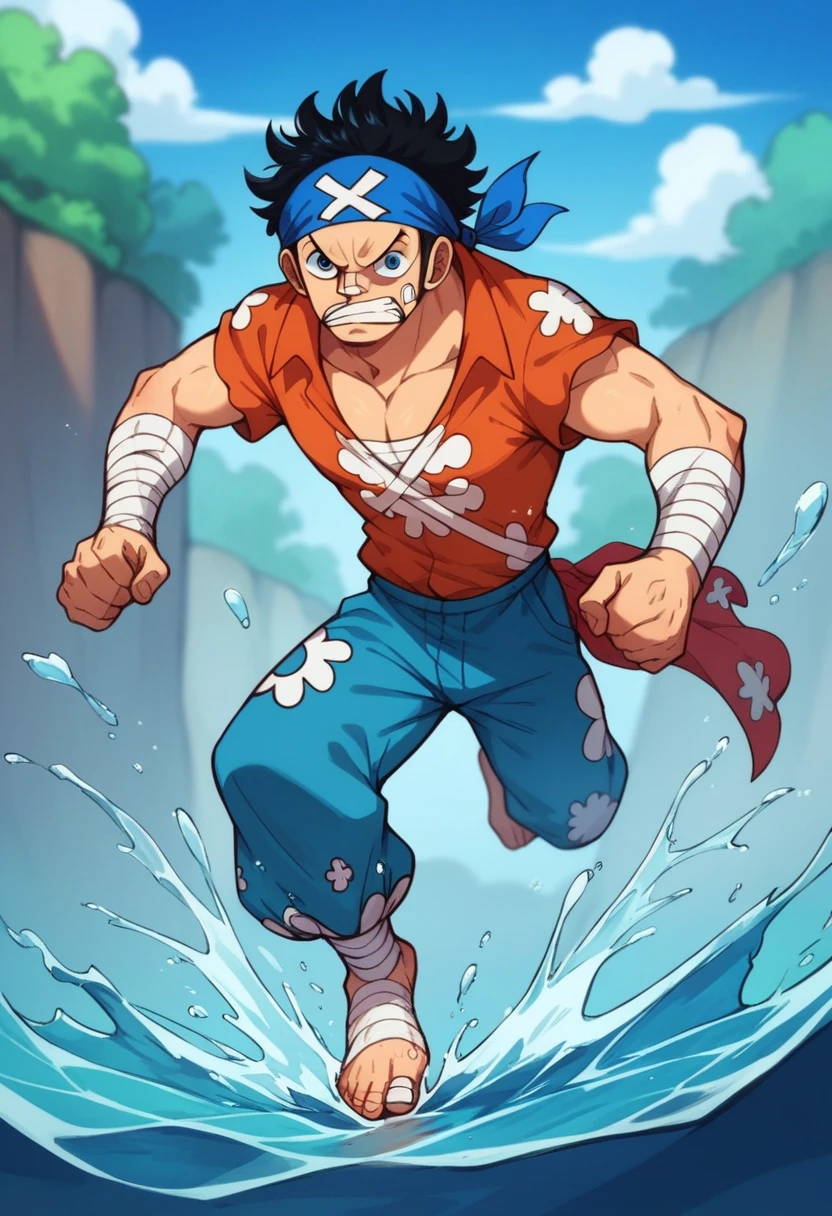 Human Male, Black hair , blue pupils,Bandage  Barefoot ,big pants , Pirate shirt ,One piece ,Bandana hair ,big nose ,Full body  ,water Power , BLUE pupils ,Running in the water ,