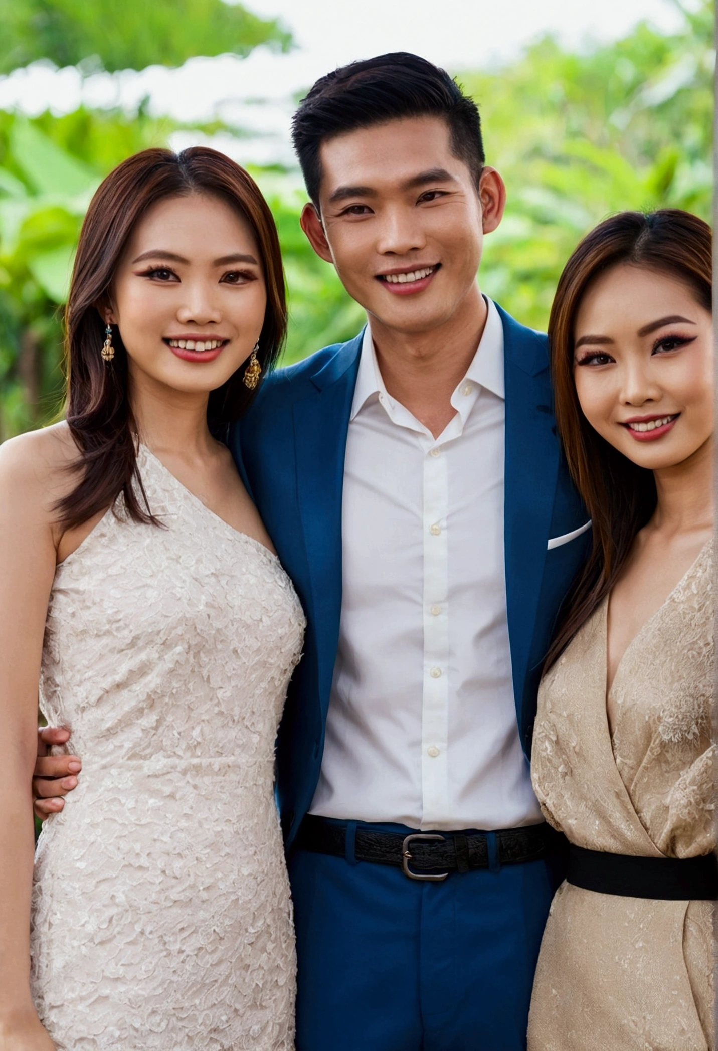 Two beautiful Thai Asian women and a handsome Thai Asian man stand together.,Double eyelids,smile,Clear face,Point of interest,Professional photography,8ก。