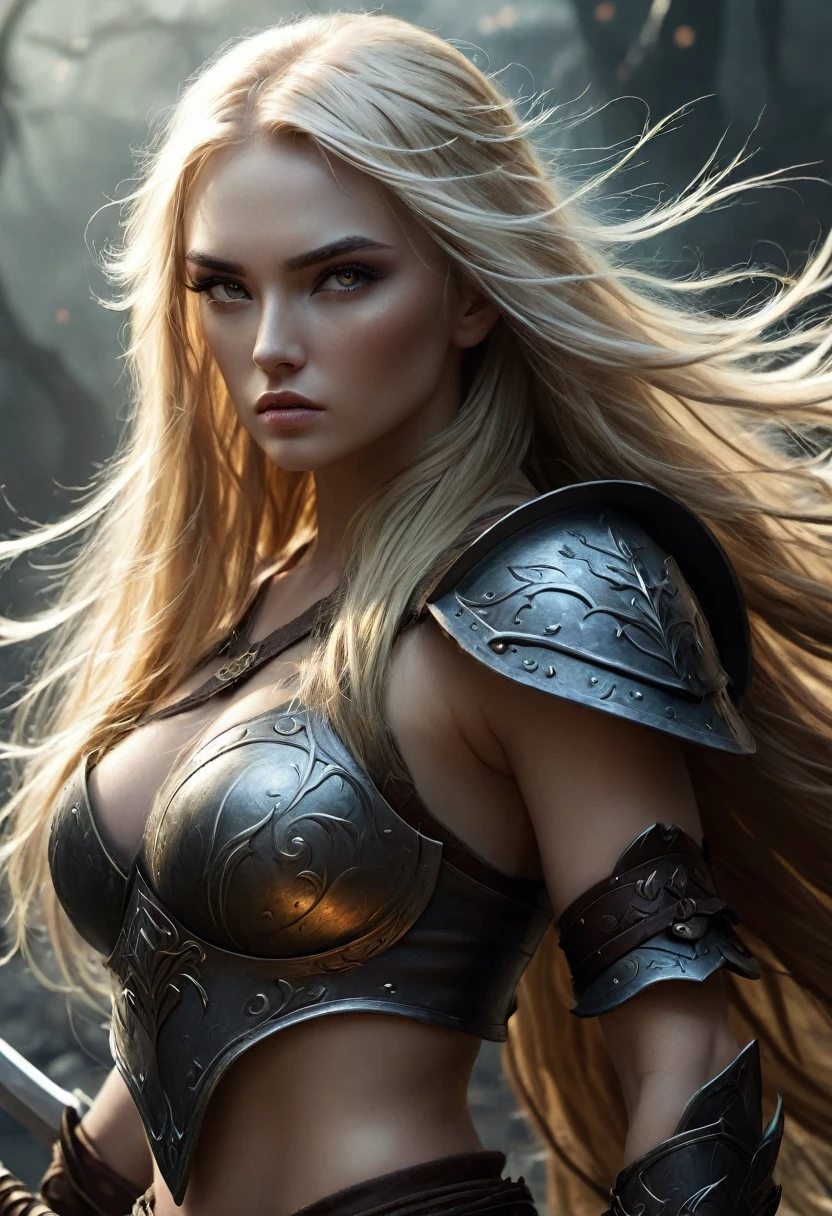 blonde with long hair warrior in dark fantasy