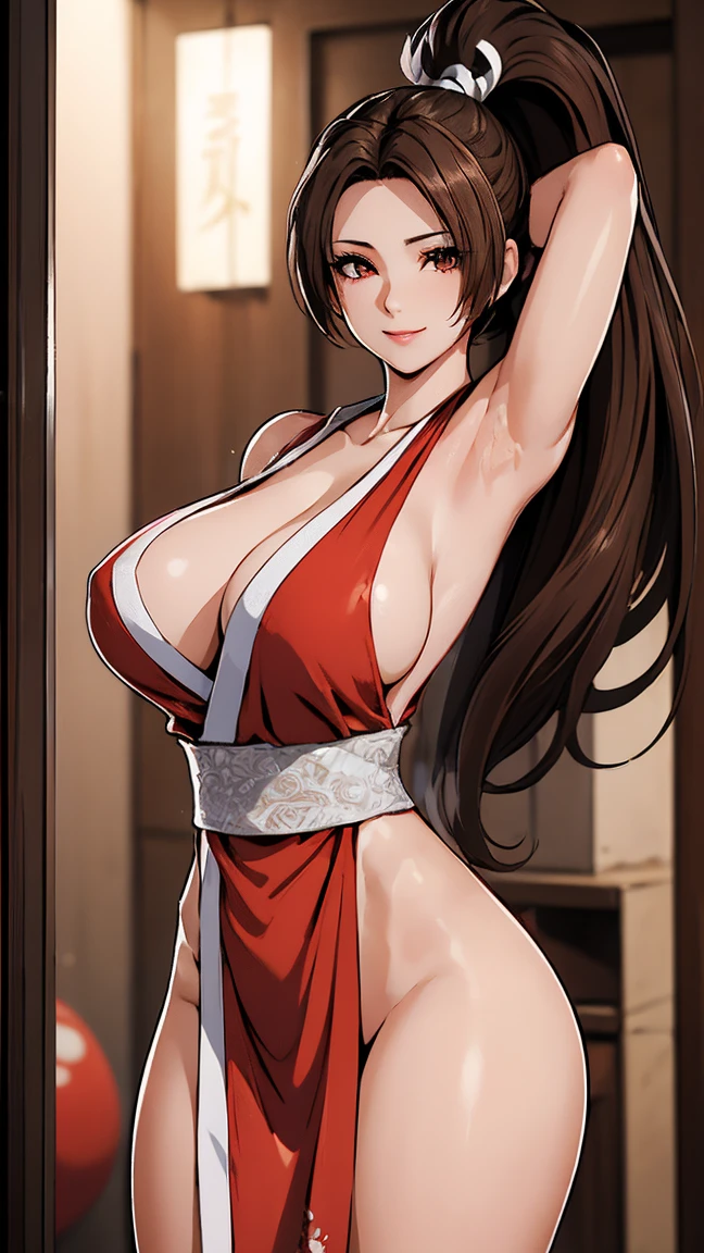 woman((20 years old)), Body hair((Wavy, Brown hair)), eyeball((The Eye of Wisdom)), Accessories ((Body hair ornaments)), ponytail，Big , Cleavage，Huge breasts, Korean Makeup, Smile, Huge breasts, bursting Huge breasts, Skin detailed, Large breasts, Wide hips, whole body，Huge breasts，prison，cage，Mai Shiranui，