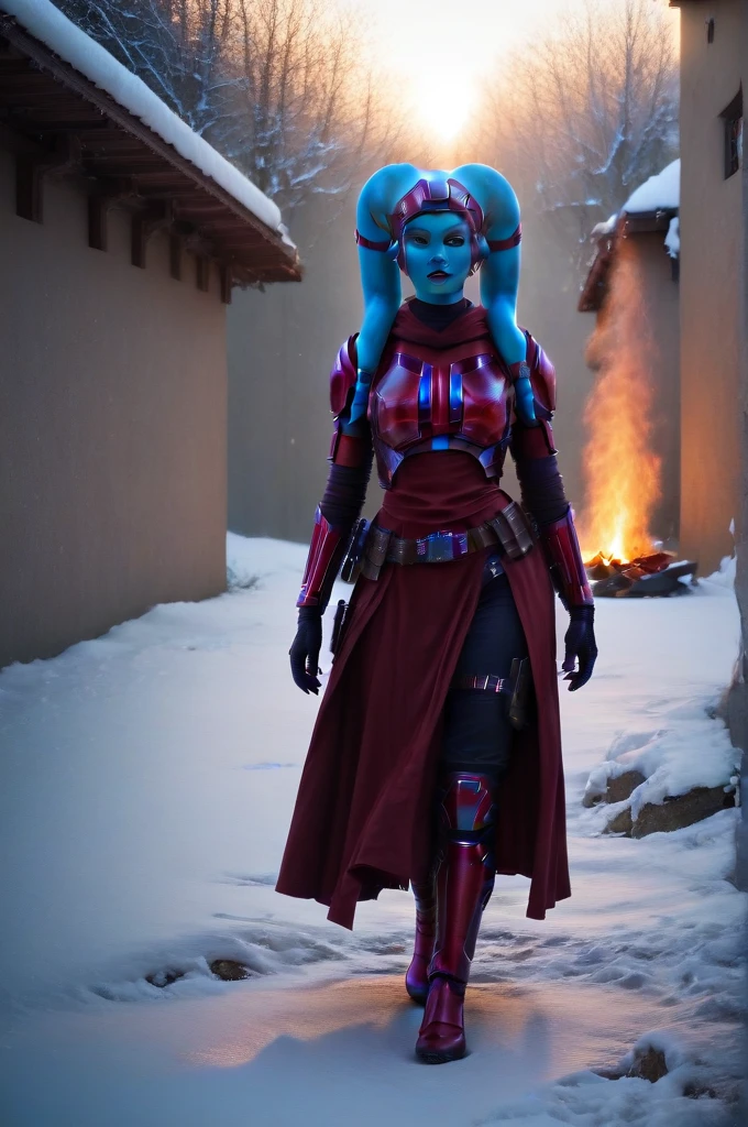 a ((fall body)) ((female twi'lek ))mandalorian,walking on snow, beautiful detailed eyes, beautiful detailed lips, extremely detailed face, long eyelashes, mandalorian armor, sci-fi, cinematic lighting, dramatic, epic, intricate details, hyper-realistic, 8k, high-quality, photorealistic
